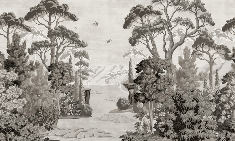 Panoramic wallpaper depicting a landscape from days gone by