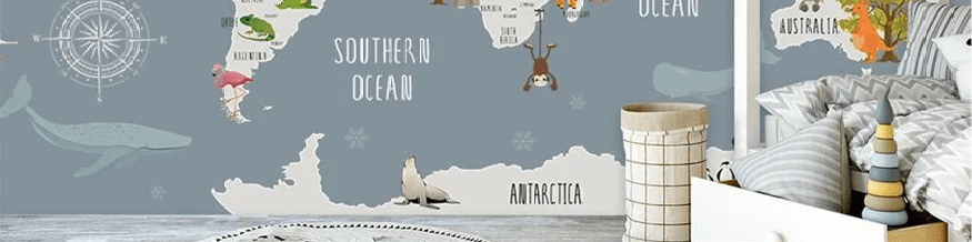 Gray animal map children's bedroom wallpaper