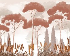 Cypress, pine, and pampas grass wallpaper in terracotta