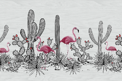 Panoramic wallpaper featuring cacti and flamingos