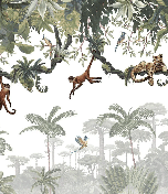 Children's wallpaper featuring monkeys playing