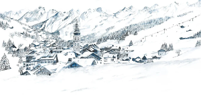 Papier peint panoramique La Clusaz en peinture