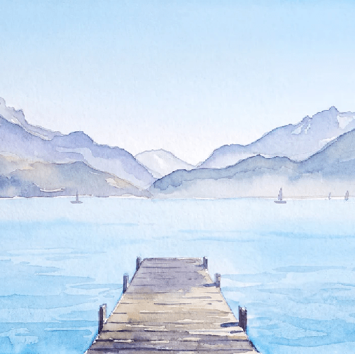 Papier peint aquarelle ponton lac Annecy - Perspective - Muralconcept