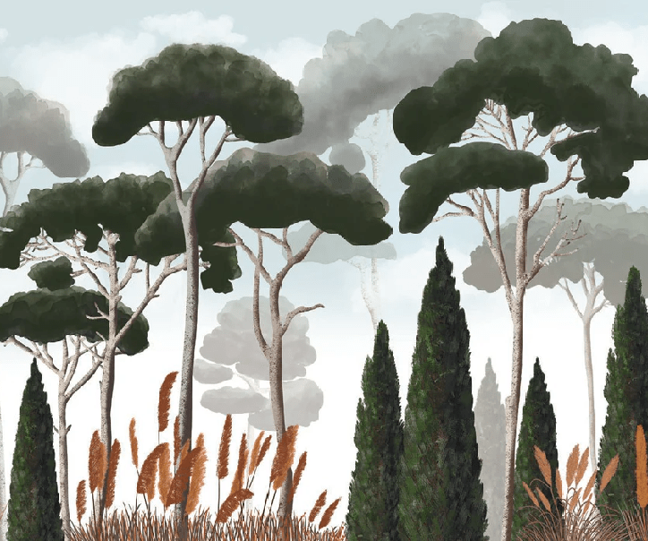 Custom wallpaper featuring cypress trees, pine trees, and pampas grass