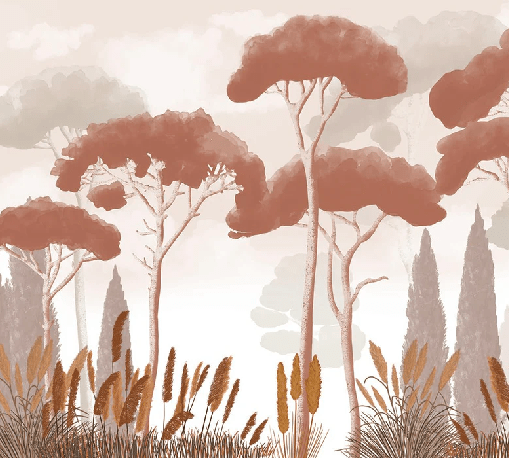 Cypress, pine, and pampas grass wallpaper in terracotta