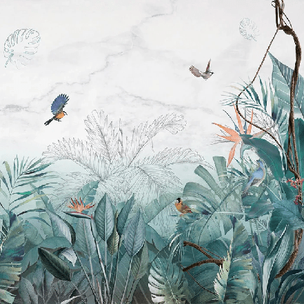 Blue marble jungle bathroom wallpaper