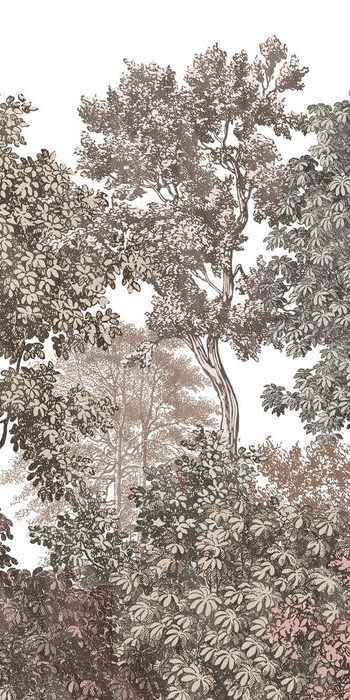 Forest landscape wallpaper with pink engraving