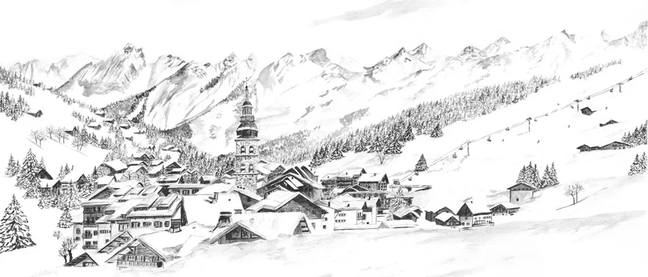 Papier peint panoramique La Clusaz en peinture - Noir et blanc - Muralconcept