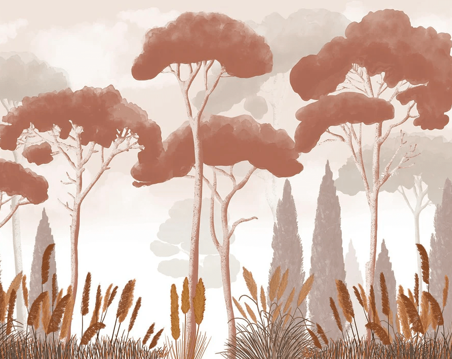 Cypress, pine, and pampas grass wallpaper in terracotta