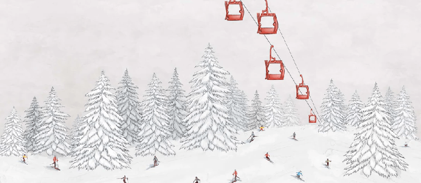 Colorful skiers gondola wallpaper