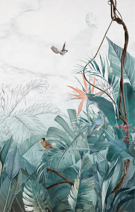 Papier peint salle de bain jungle bleu marbre - Muralconcept