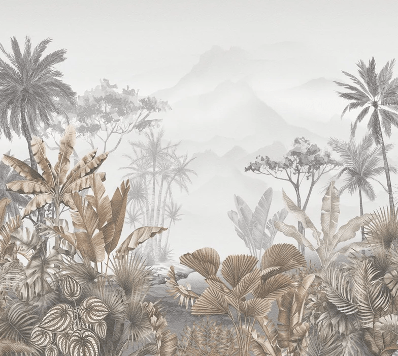 Tropical sepia bathroom wallpaper