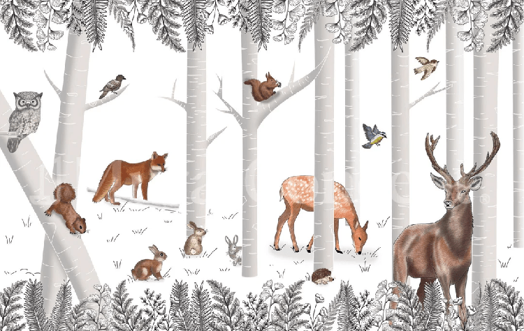 Papier peint bois enchanté et ses animaux