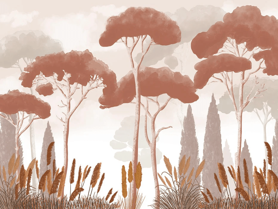 Cypress, pine, and pampas grass wallpaper in terracotta