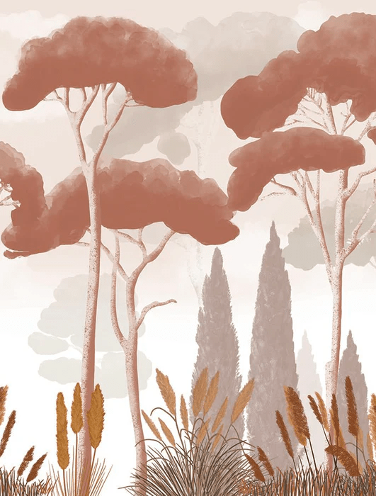 Papier peint cyprès pins et herbes de la pampa terracotta