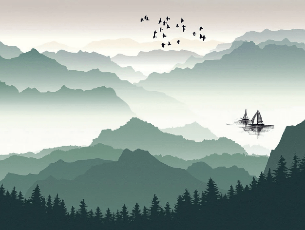 Papier peint montagne et voile sur le lac - Muralconcept