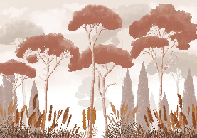 Cypress, pine, and pampas grass wallpaper in terracotta