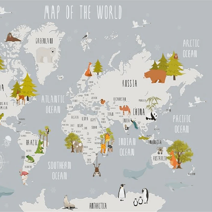 Papier peint chambre enfant map animaux gris clair