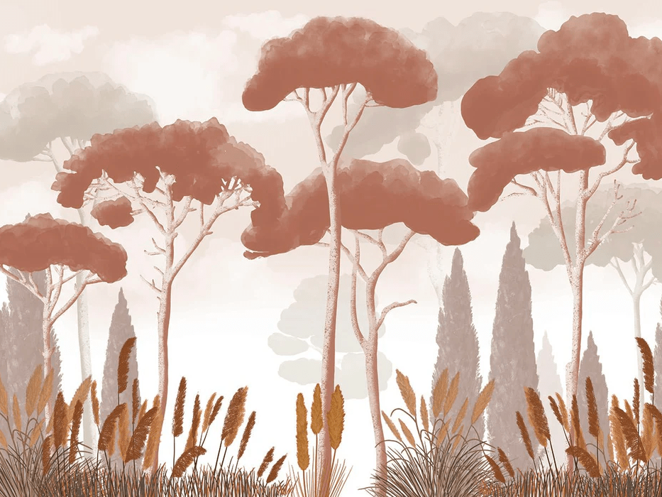 Cypress, pine, and pampas grass wallpaper in terracotta