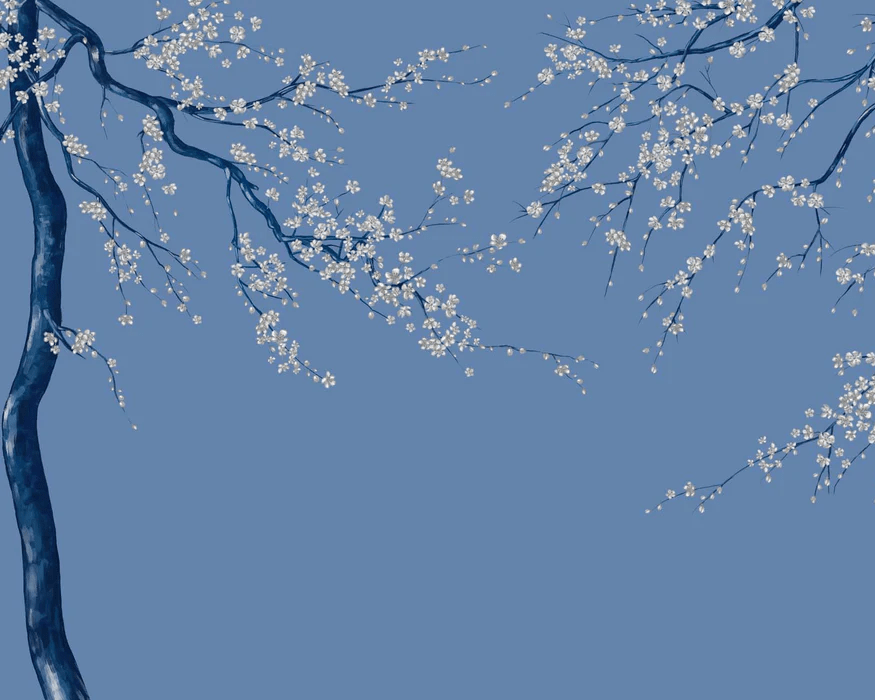 Panoramic wallpaper with blue Sakura flowers