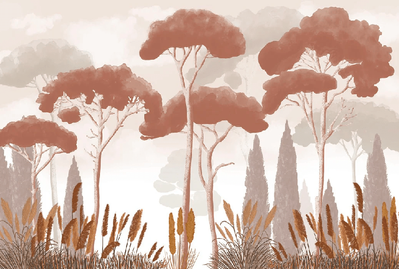 Cypress, pine, and pampas grass wallpaper in terracotta
