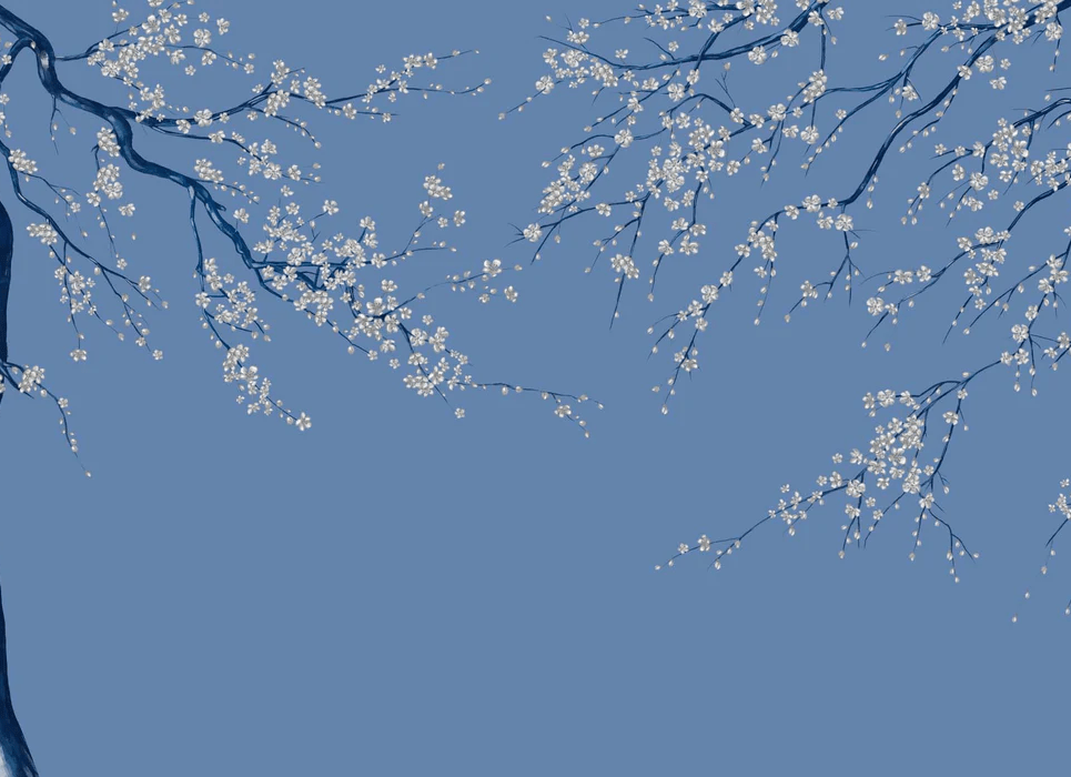Panoramic wallpaper with blue Sakura flowers
