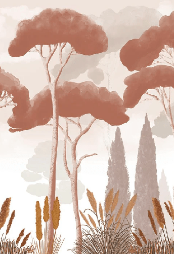 Cypress, pine, and pampas grass wallpaper in terracotta