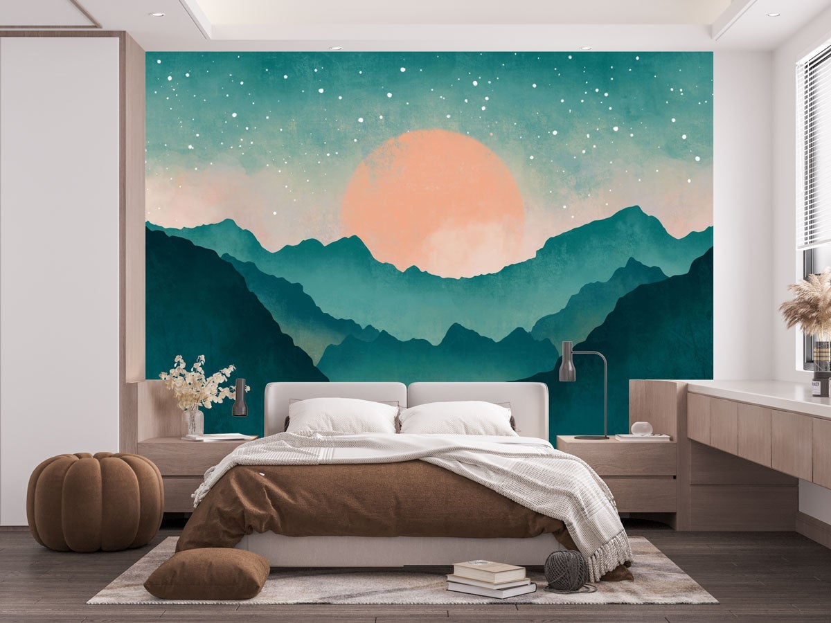 Custom wallpaper mountain mist turquoise