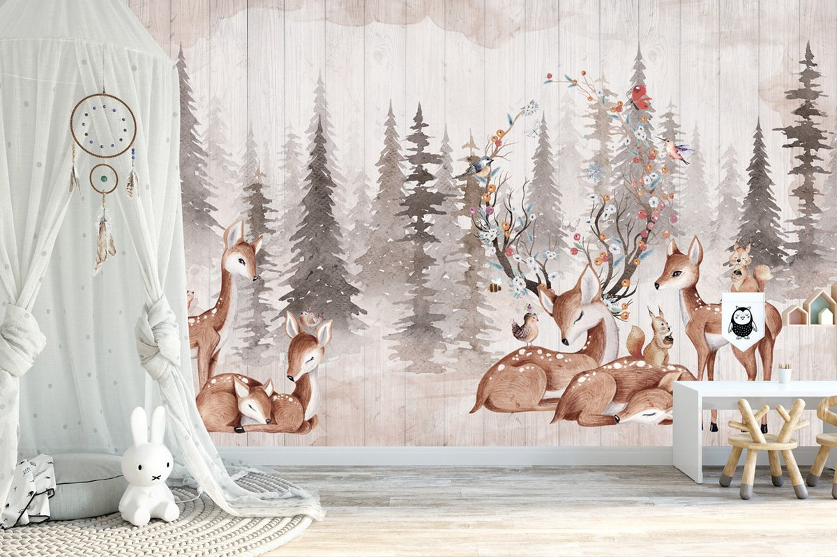 Children's bedroom wallpaper with cute deer