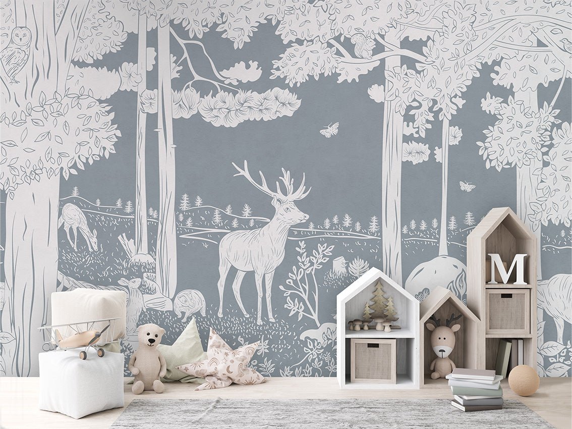 Papier peint animaux des bois bleu, XXL, tendance