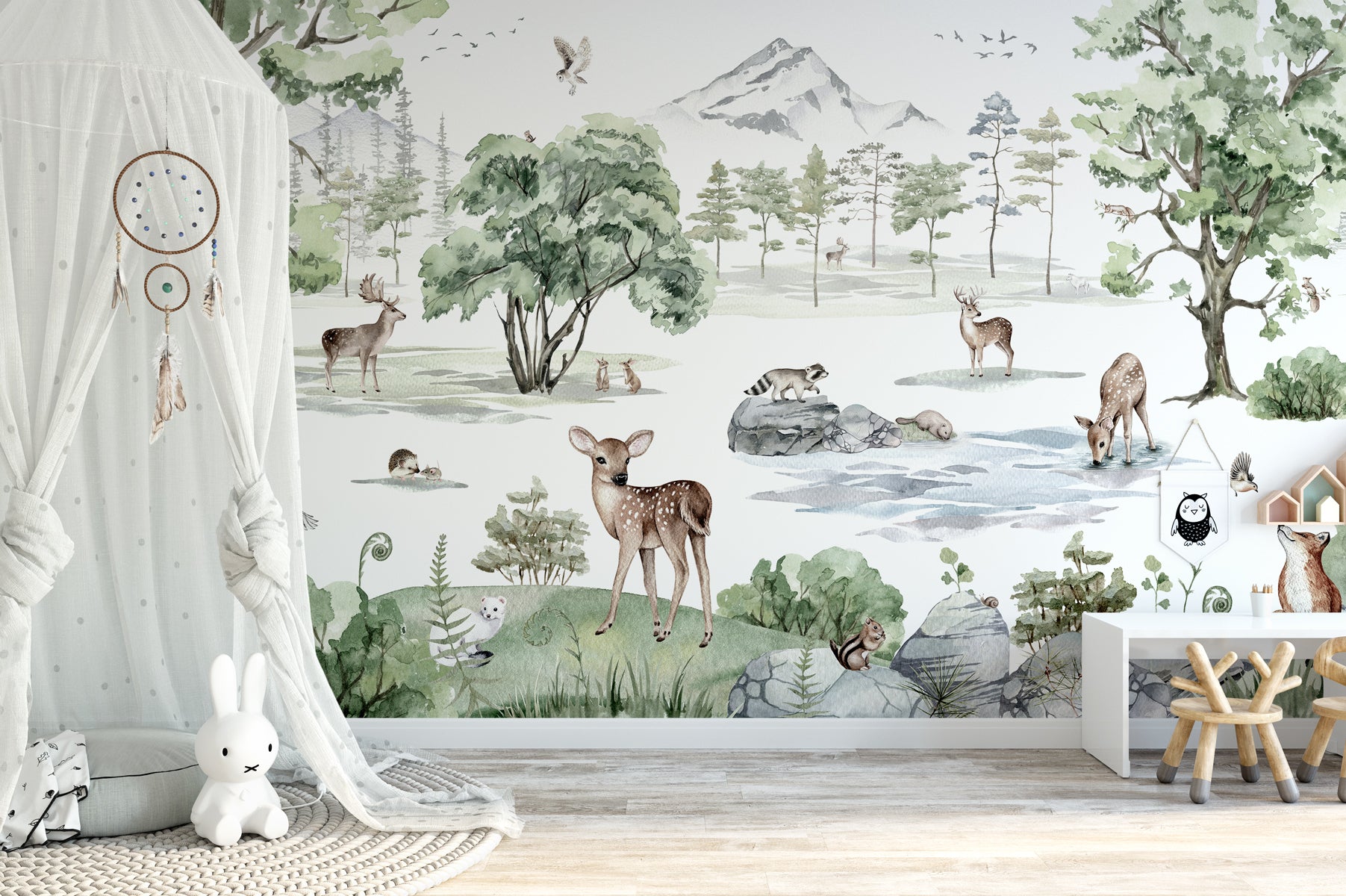 Papier peint animaux prairie enneigée, mural concept, tendance