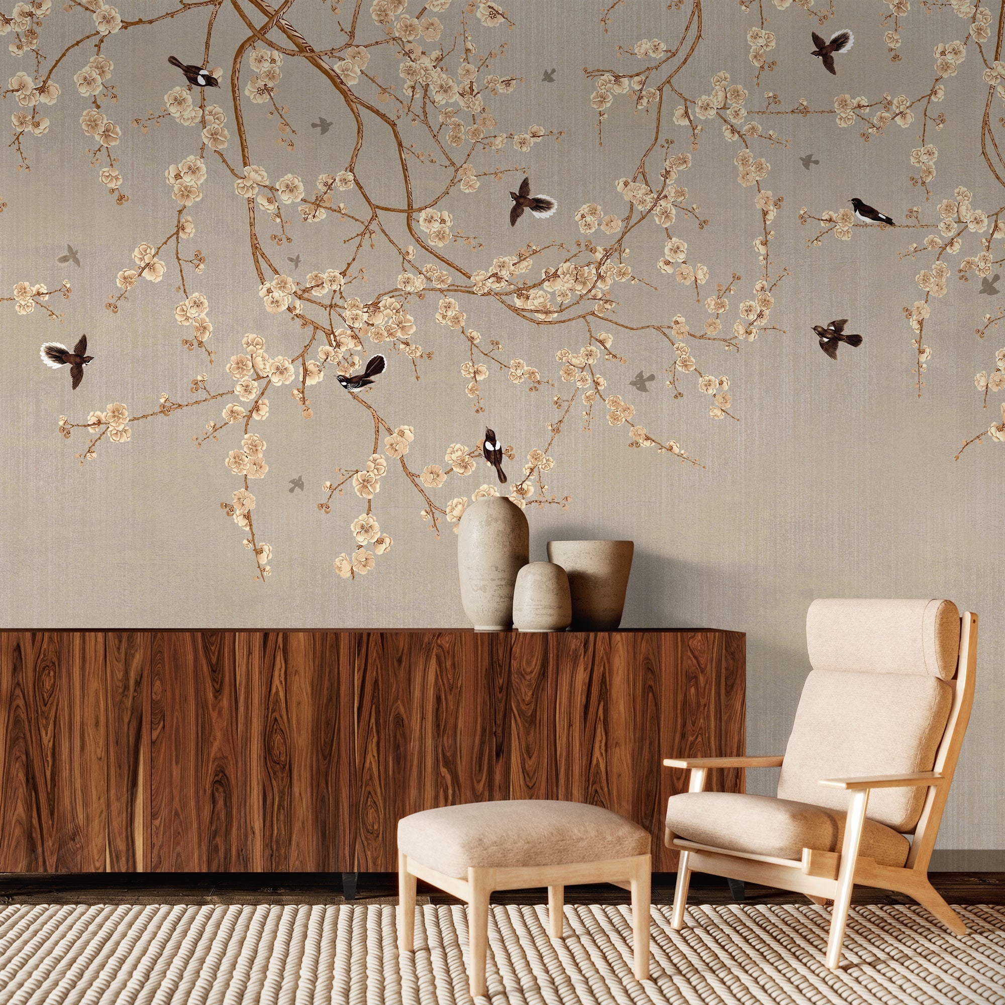Papier peint branches fleuries, mural concept, tendance