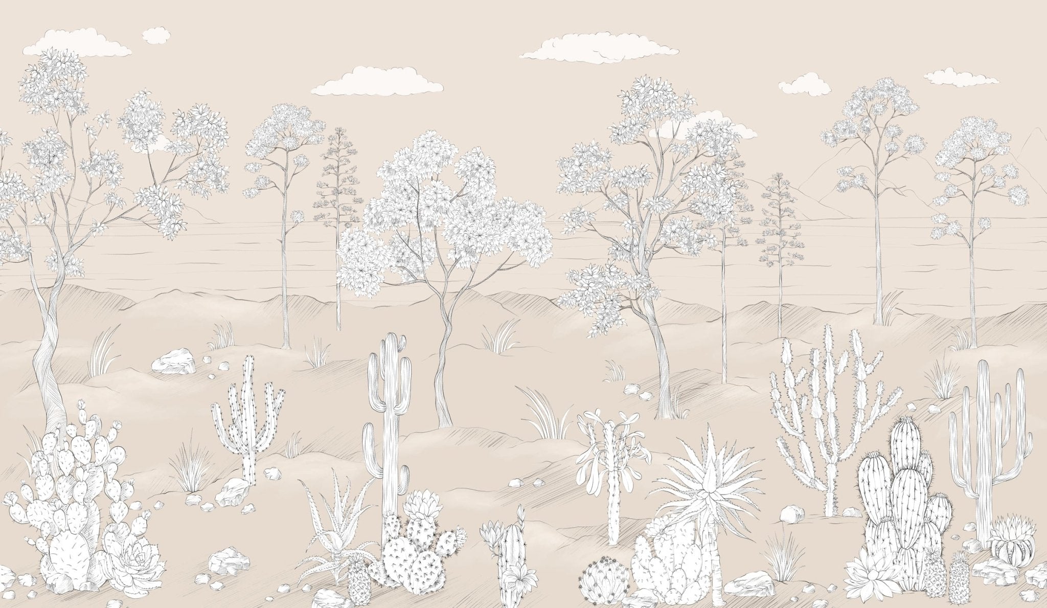 Papier peint oasis cactus tropical, mural concept, tendance