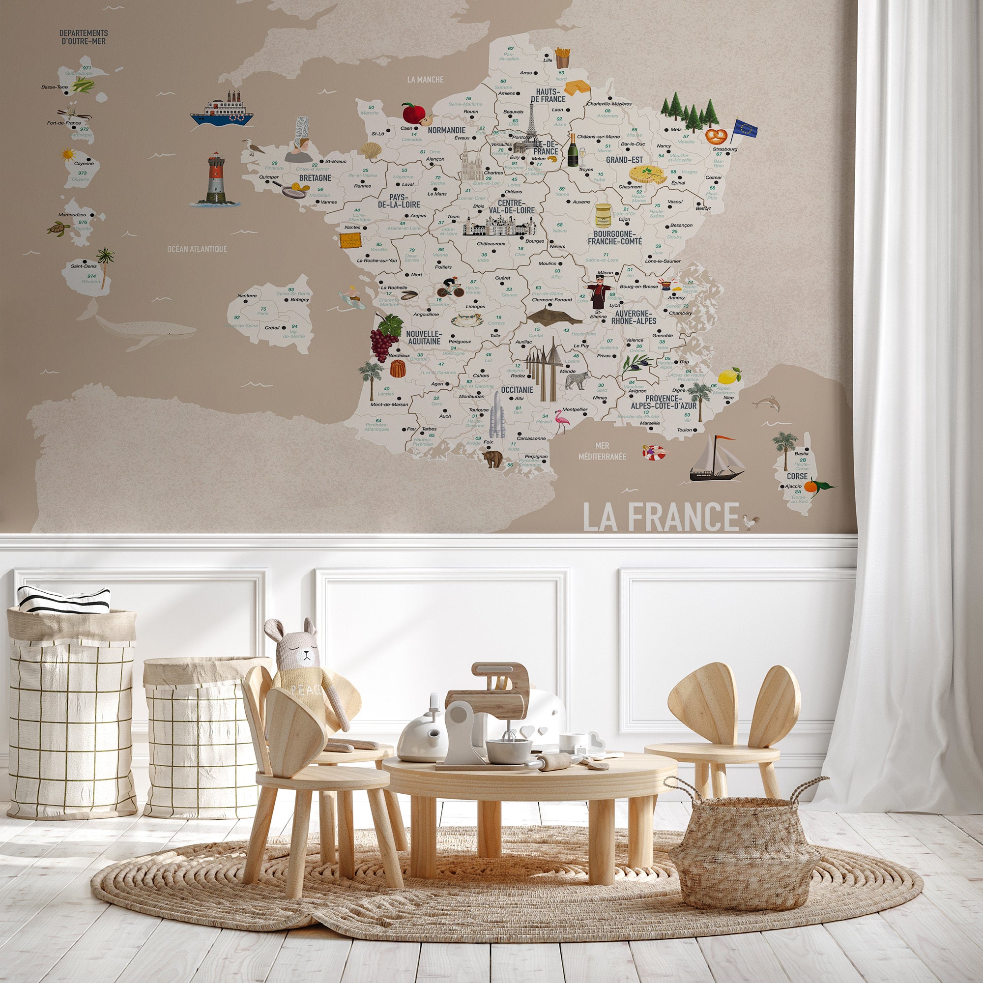 Papier peint carte de France enfant beige, mural concept, tendance