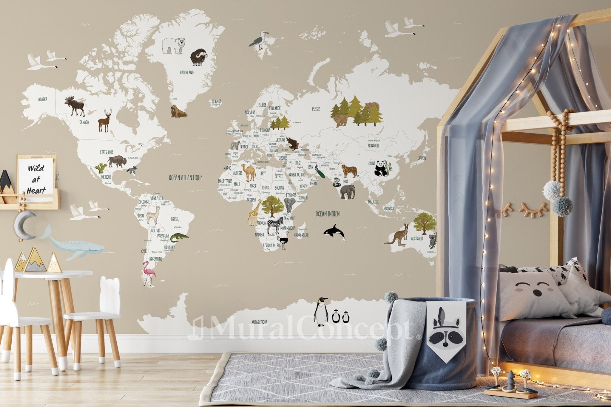 Papier peint Carte du monde en Francais enfant beige - Muralconcept