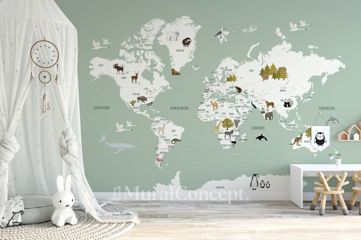 Wallpaper World Map in French for Children, Green