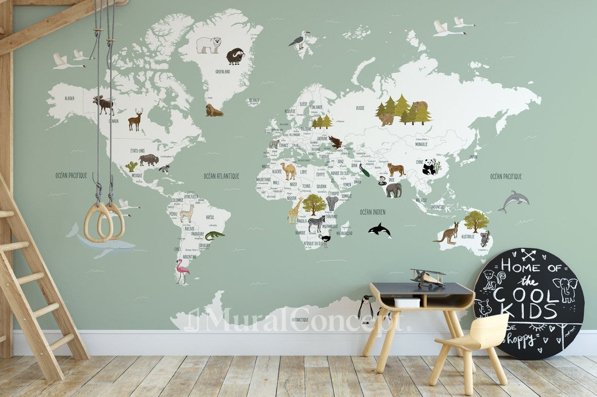 Children's French world map wallpaper green