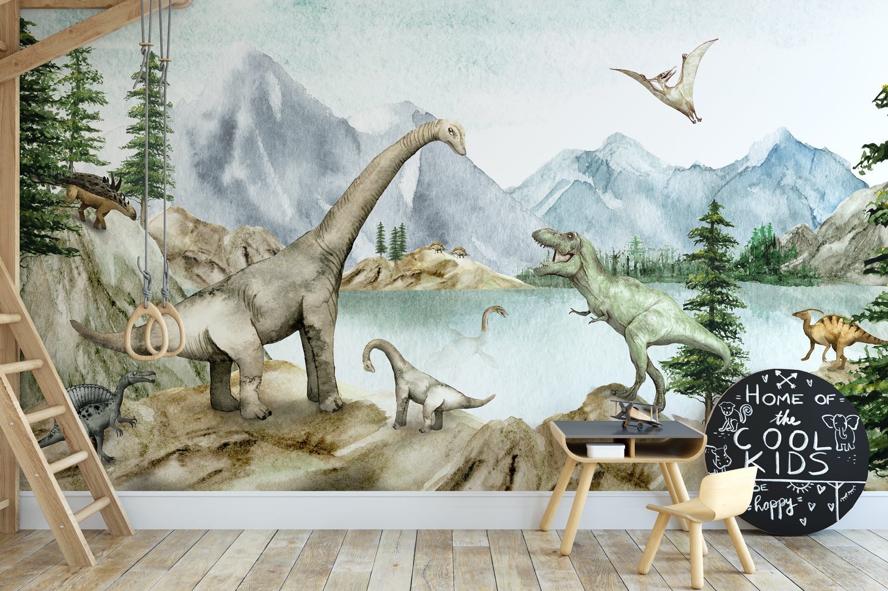 Papier peint dinosaures aquarelle, mural concept, tendance