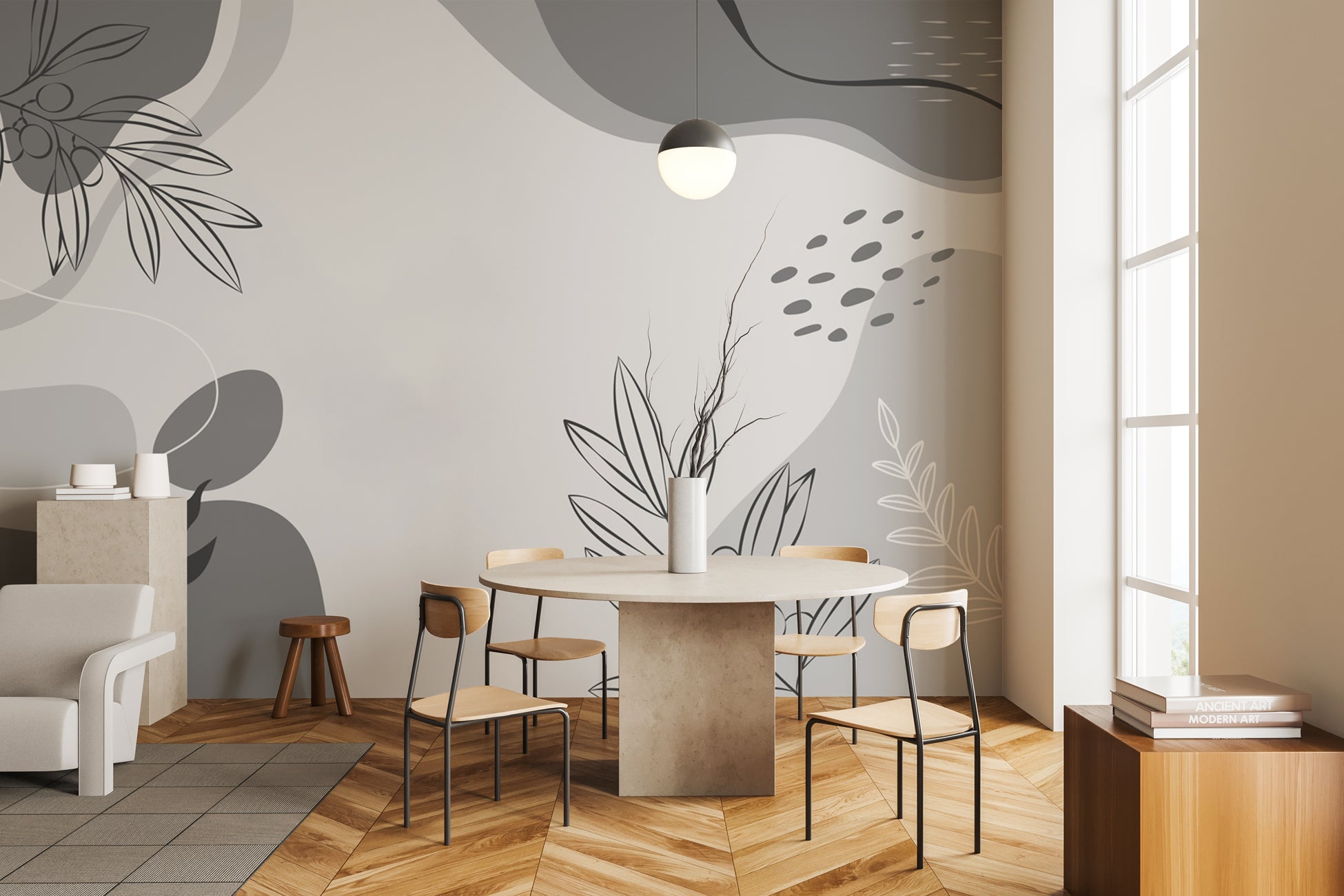 Papier peint feuillage olivaissance noir et blanc, XXL, tendance