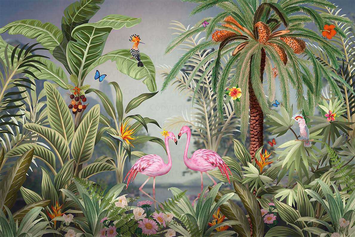 Papier peint Flamant rose & Jungle amazon, XXL, tendance