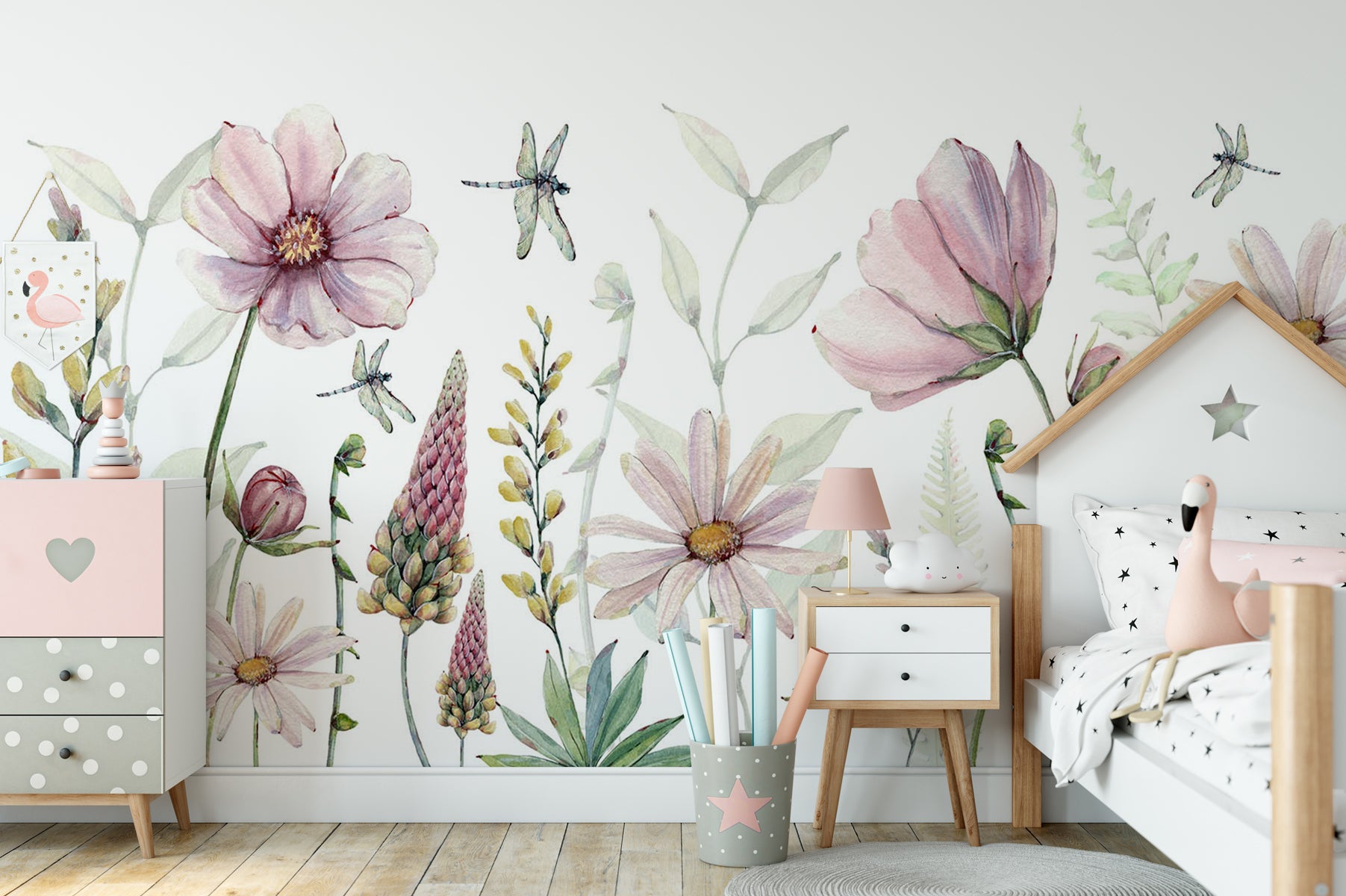 Papier peint fleurs et libellules, mural concept, tendance