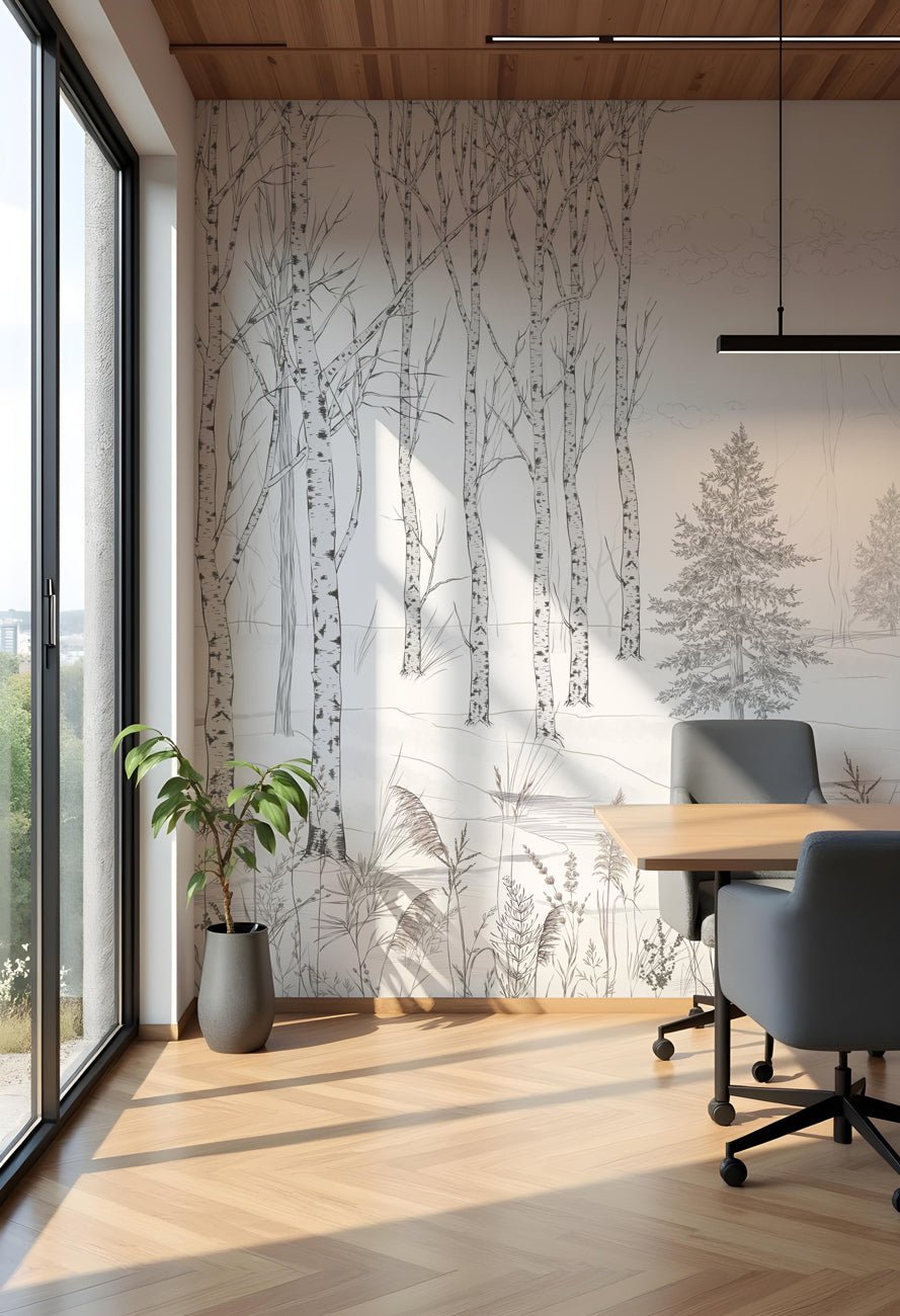 Papier peint forêt noir et blanc – Douceur des Bois, XXL, tendance