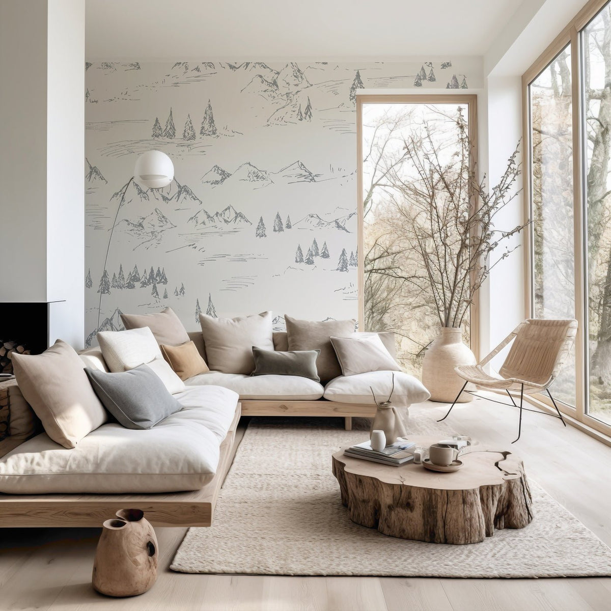 Wallpaper featuring illustration of mountains and fir trees