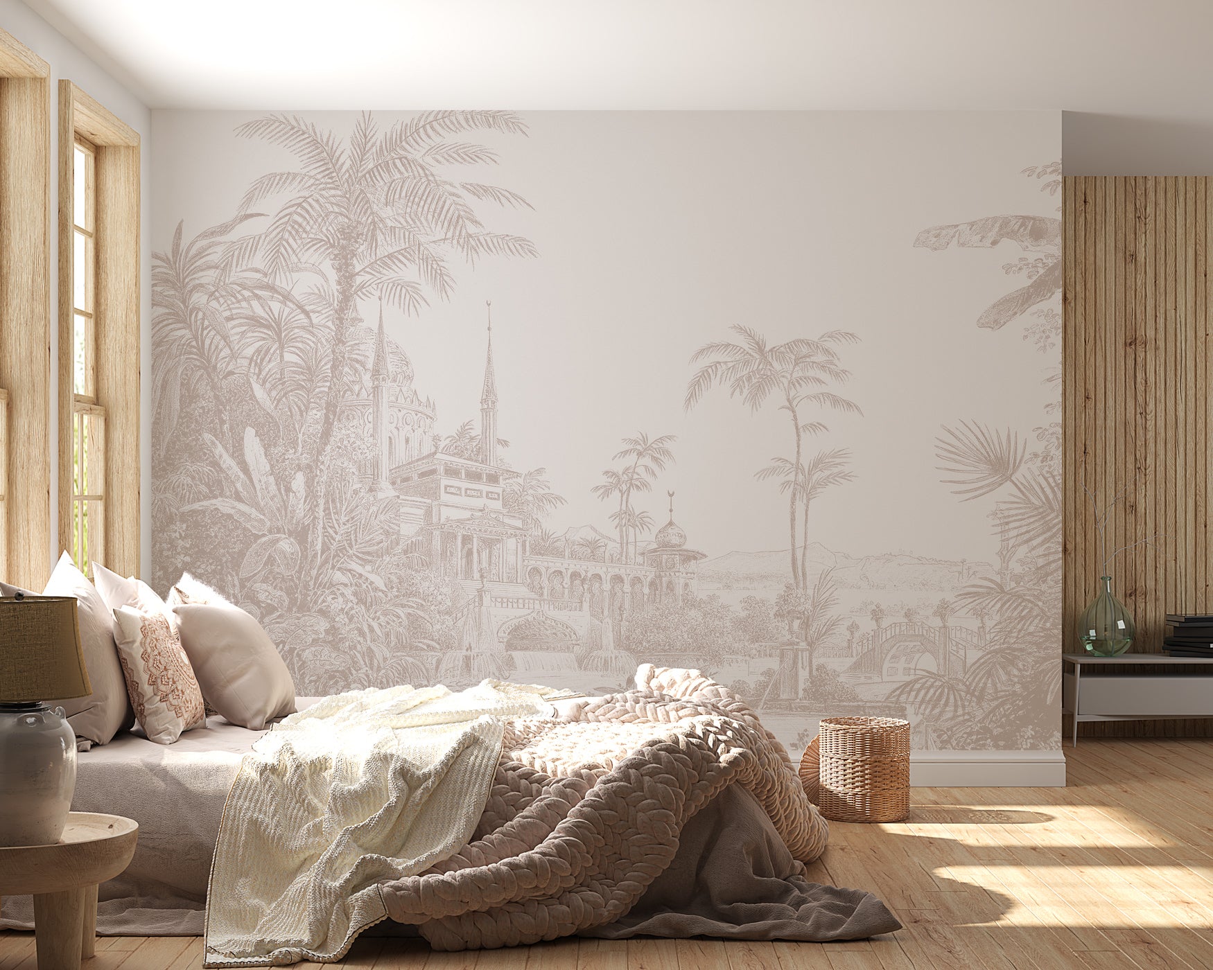 Papier peint jungle temple monochrome, mural concept, tendance