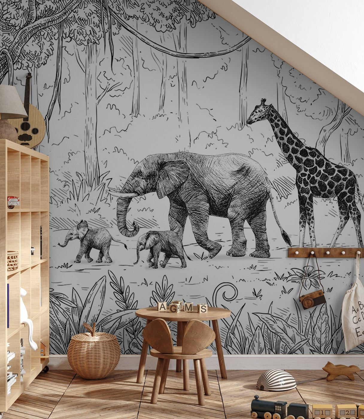 Papier peint jungle enfant monochrome noir et blanc, XXL, tendance