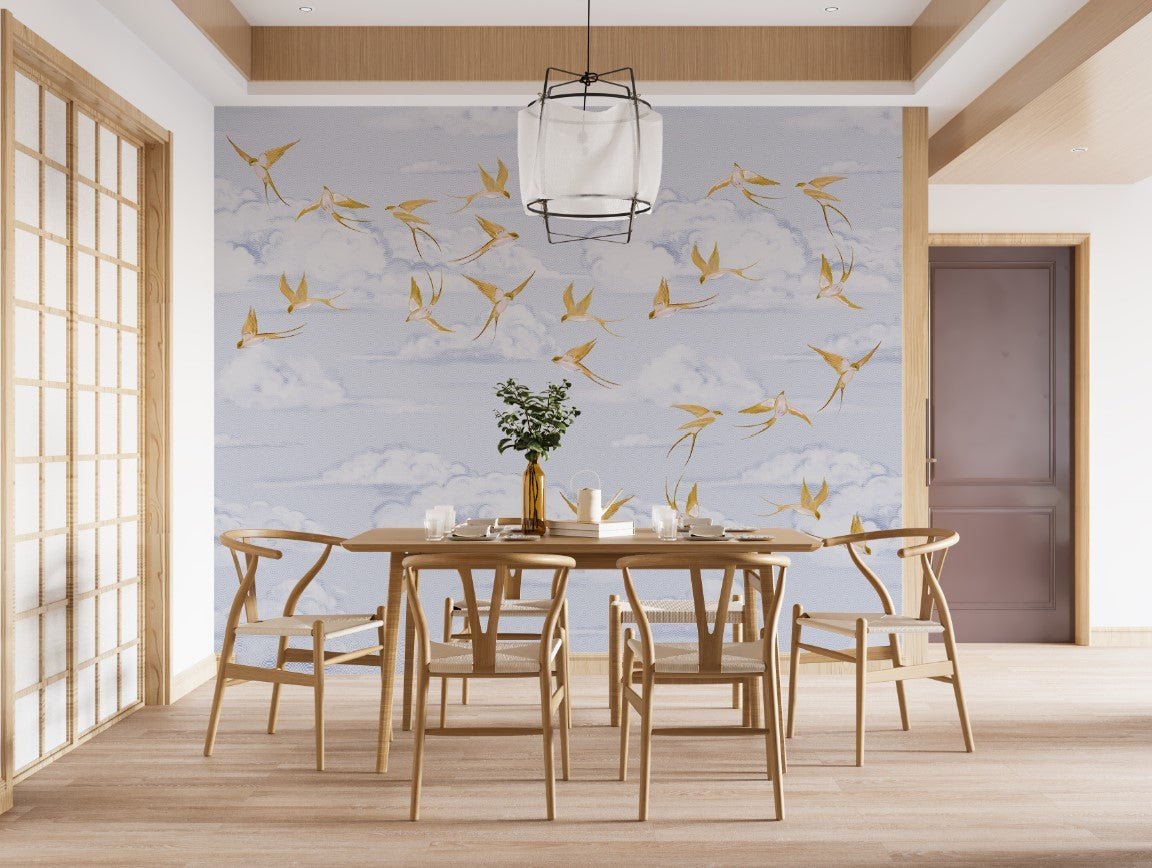 Papier peint nuage poétique oiseau or - Muralconcept
