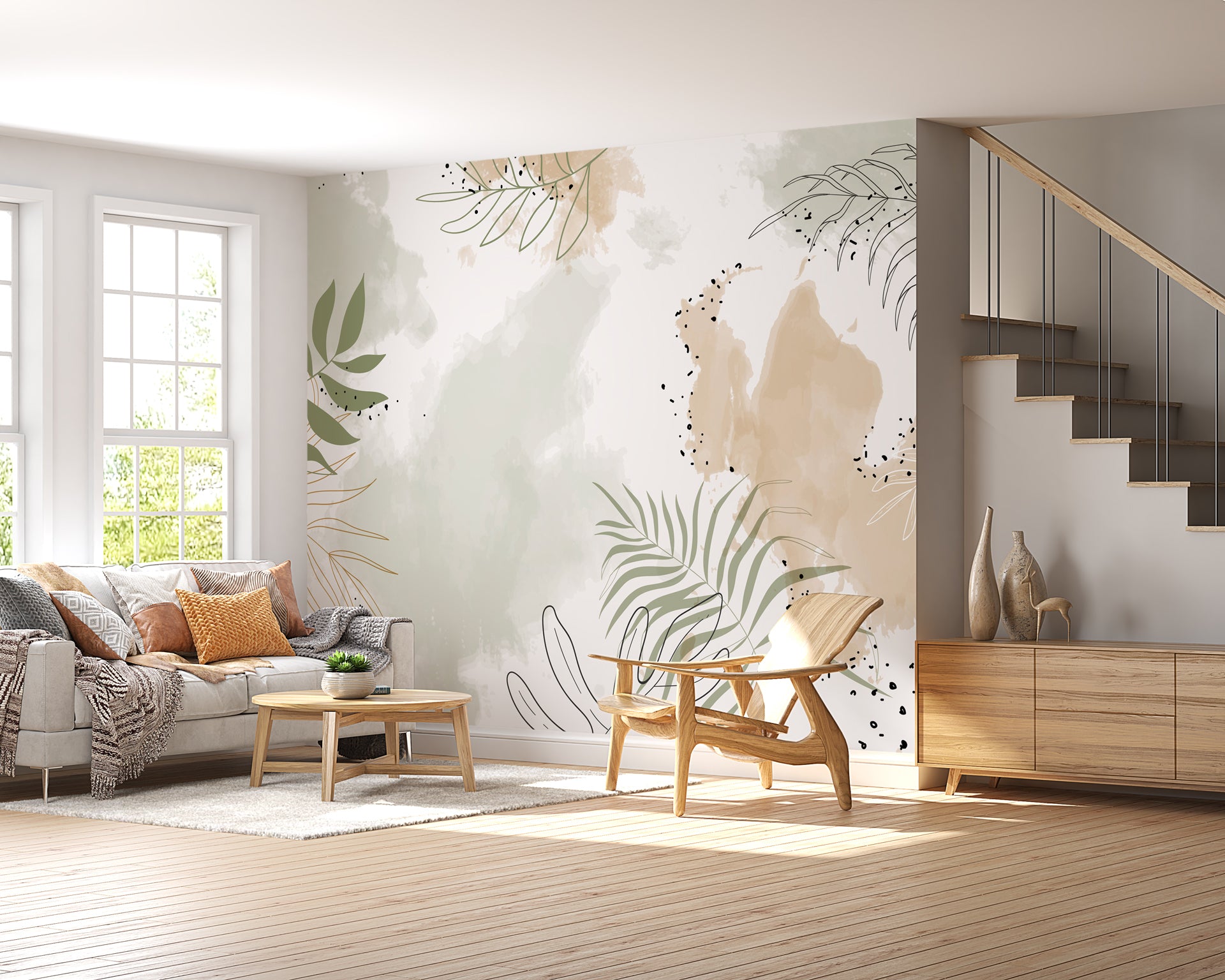 Papier peint panoramique aquarelle végétale, mural concept, tendance