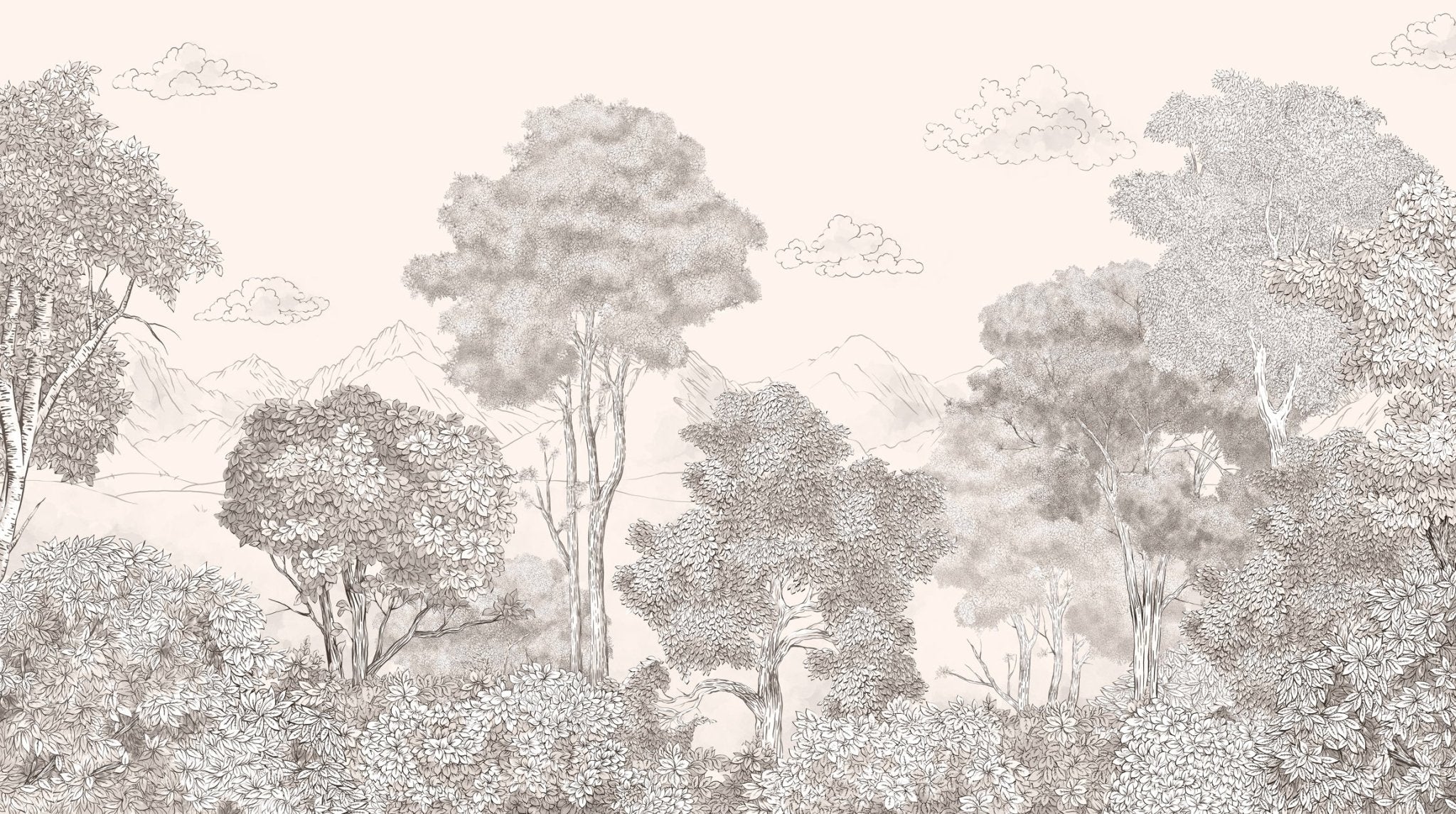 Papier peint panoramique Forêts et Monts Crayonnés Beige, XXL, tendance