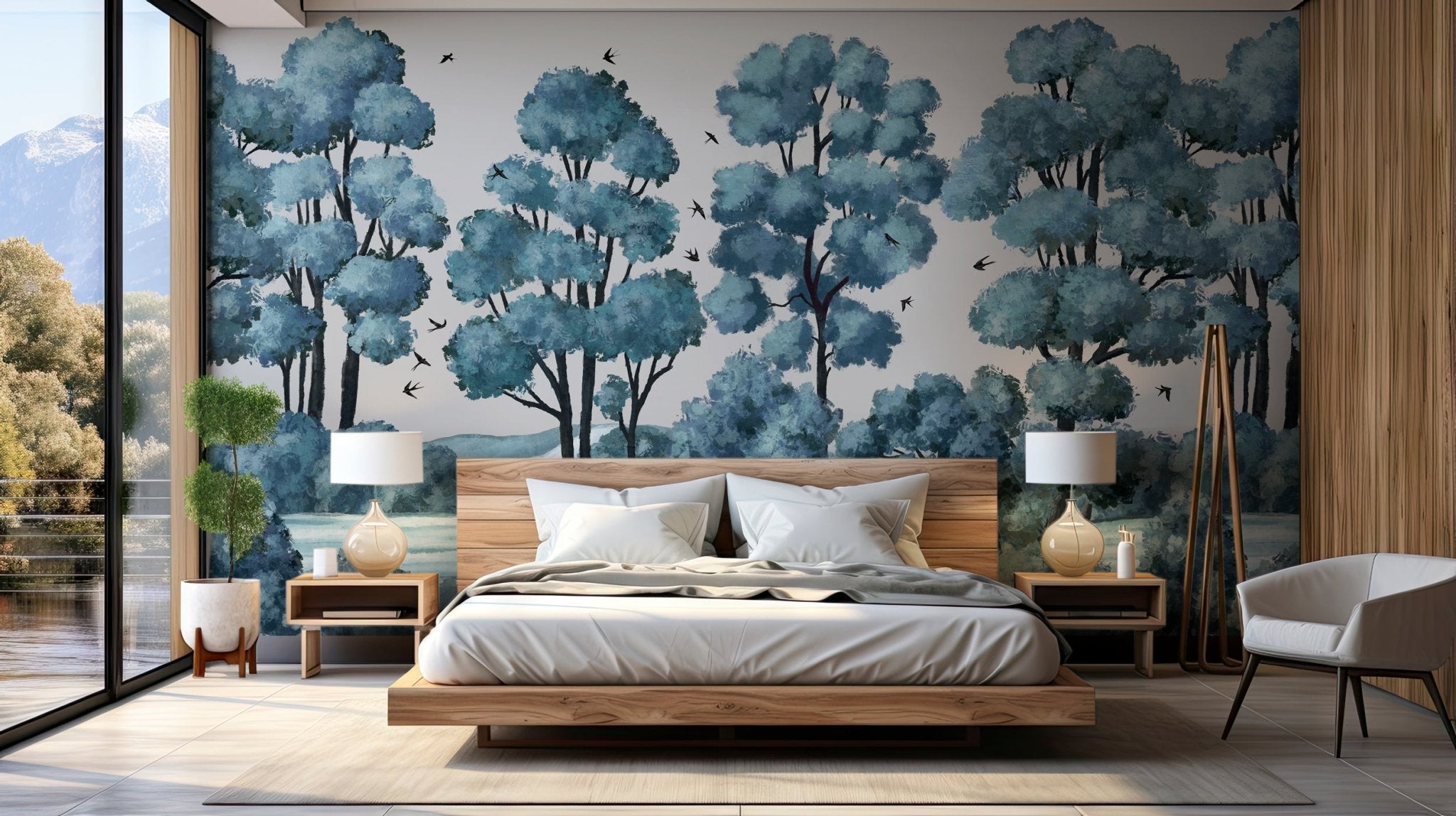 Papier peint paysage rivière forêt bleu, XXL, tendance