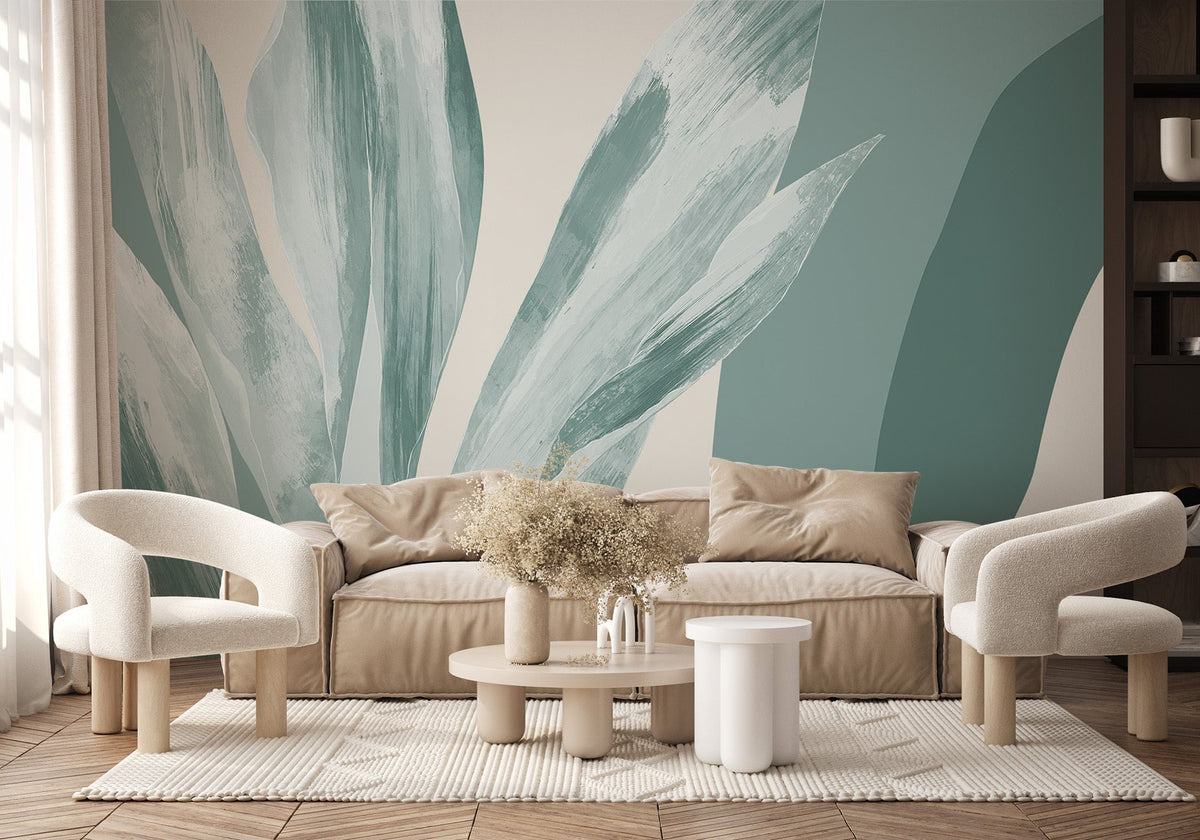 Panoramic wallpaper with floral pattern in sea green